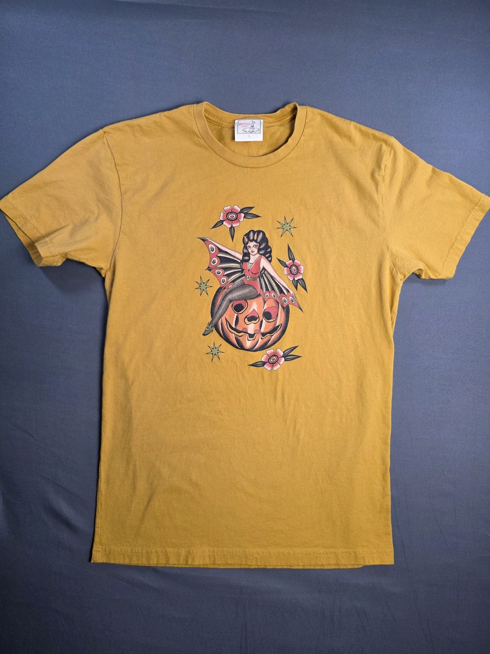Women's Mischief Made Mustard Yellow Graphic Tee Retro Halloween Pumpkin Pin-Up
